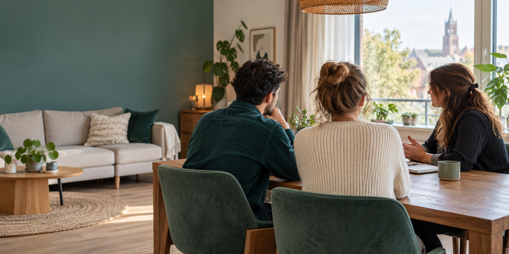 Jongvolwassenen en begeleider in gesprek in een woonruimte